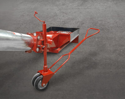 Wheeled jack features never-flat tires and long handle.