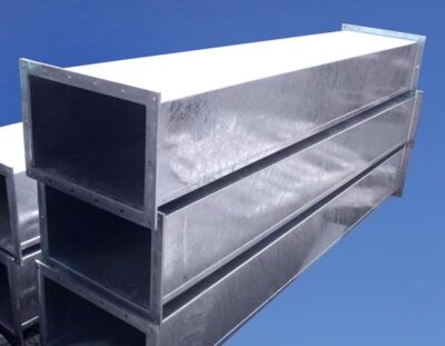 Robotically welded trunking sections feature heavy plate flanges. Hot-dipped finish option.