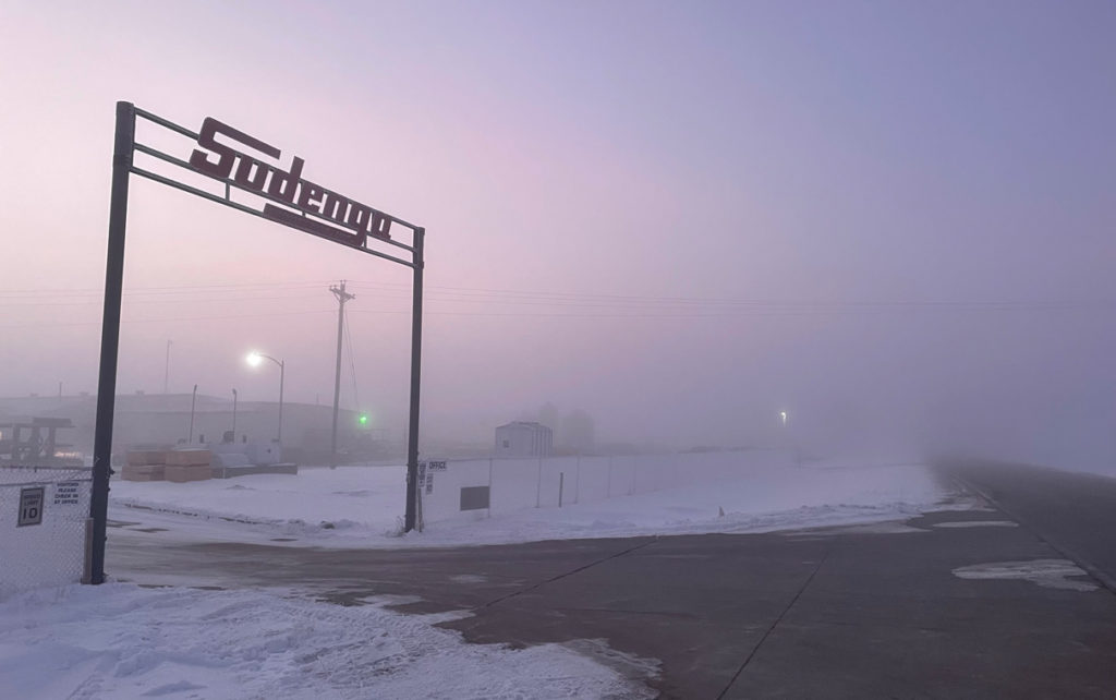 A look at Sudenga's entrance on a foggy morning in early January